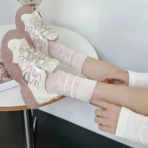 Women's cream pink platform running shoes with breathable mesh and thick rubber soles