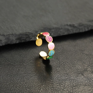 Adjustable gold stainless steel ring with colorful enamel smiley face flower charms