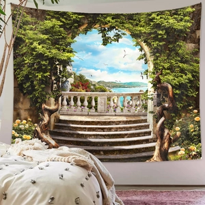 Detail of Mediterranean landscape tapestry showing stone arch and sea view for wall decor