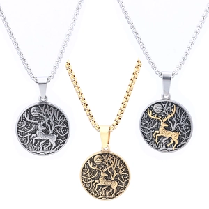 Vintage Forest Elk Pendant Necklace Polished 316L Stainless Steel Round Coin Relief Charm For Men And Women