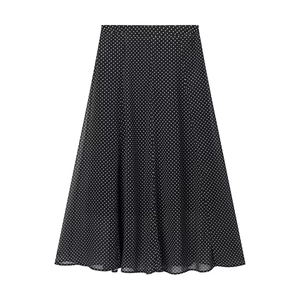 Schicker schwarzer Midirock für Damen mit weißen Punkten und fließender A-Linie