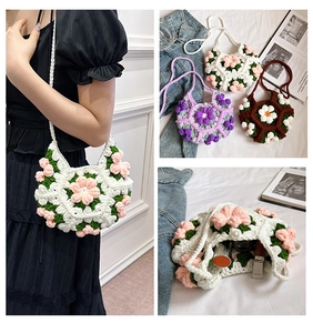 Detailed views of handmade crochet puff flower bags with pearl closures and interior space