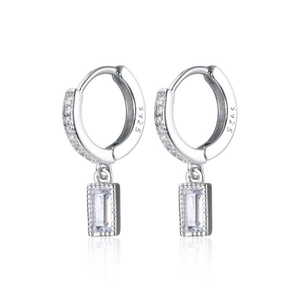 Macro detail of S925 sterling silver hoop earrings with clear rectangular zircon drops