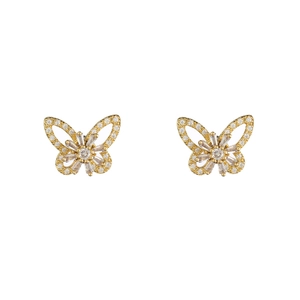 Detail view of gold butterfly earrings with cubic zirconia inlay and floral center motif
