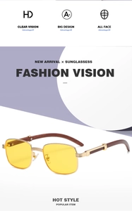 Detail of square gold metal sunglasses with brown wood grain temples and yellow lenses