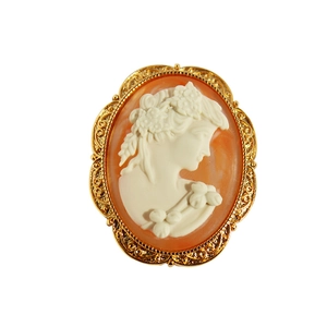 Vintage gold relief cameo brooch with white portrait on orange oval resin background