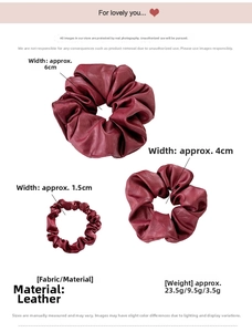 Size guide for leather scrunchies in three dimensions with wine red textured material