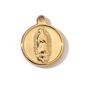 Detail showing a golden Virgin of Guadalupe round pendant with religious embossed engraving
