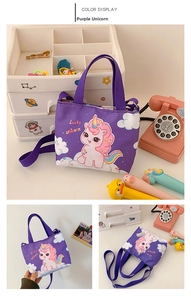 Detail view of purple unicorn canvas bag with Lucky unicorn print and adjustable straps