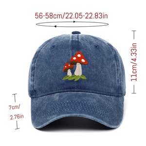 Detail view of navy washed cotton cap with mushroom embroidery and size specifications