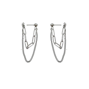 Silver double layer tassel chain earrings with chunky link and sphere stud design
