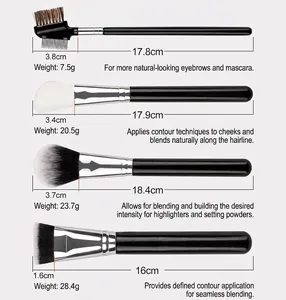 Detail view of 4 makeup brushes with precise length and weight specs in cm and grams