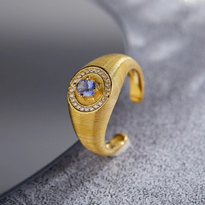 Vintage S925 sterling silver tanzanite ring with brushed gold finish and halo diamonds