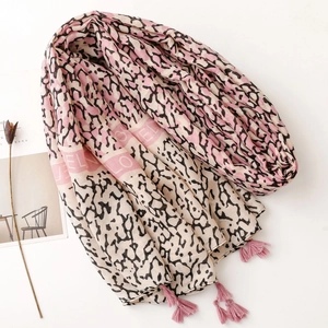 Pink leopard print scarf for women with LOVE letters and decorative tassel fringe