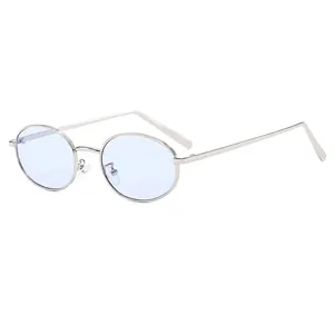 Vintage oval silver metal sunglasses with light blue lenses for outdoor hip hop fashion