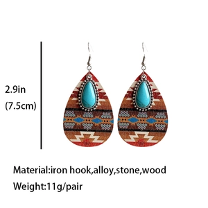 Bohemian teardrop earrings with turquoise stone and wood beads in ethnic vintage style