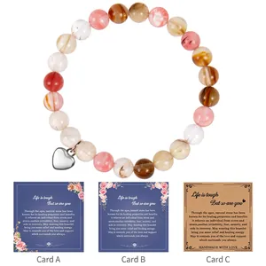 8mm natural stone bead bracelet with heart pendant and inspirational message cards