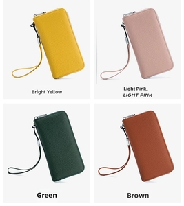 Genuine leather long wallet set in yellow, pink, green, and brown with wrist straps