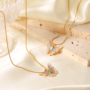 French vintage butterfly pendant necklace in gold titanium steel with colorful enamel finish