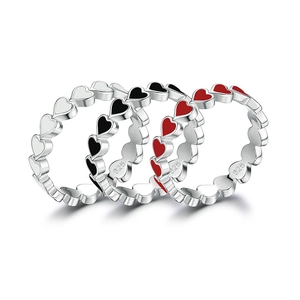 S925 sterling silver heart-shaped stacking rings with white, black, and red enamel