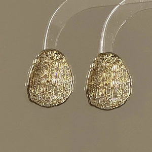 Retro Hollow Grid Oval Stud Earrings With Zircon Gold Plated Metal And Silver Earring Post For Women Elegant Jewelry