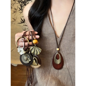 Pendant Necklace Long Sweater Chain Wood Alloy Ginkgo Leaf Water Drop Hollow Design Retro Ethnic Style Women