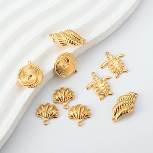Golden stainless steel ocean shell and sea turtle charms for DIY jewelry making