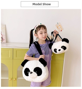 Detail show of two panda head plush shoulder bags worn by a model in a cozy home setting
