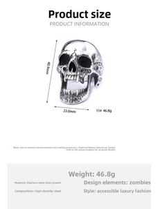Detailed size chart for zombie skull ring with 40.9mm height and 23.0mm width dimensions