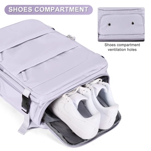 Detail view of the travel backpack featuring a separate shoe compartment and air vents