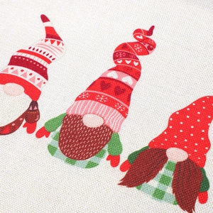 Linen Christmas table runner with festive gnomes print for holiday dining room decor