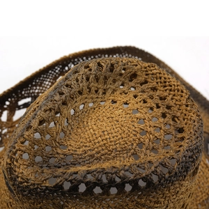 Close-up of the intricate hollow weave texture on a brown straw sun hat