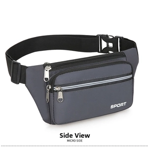 Detailed side view of gray waterproof waist bag with three zip pockets and adjustable strap
