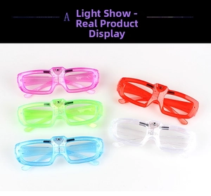Top view of five colorful LED glowing square glasses in pink, green, blue, red, and white