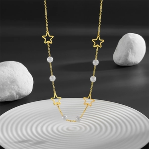 Collier En Acier Inoxydable Avec Künstliche Perles Imitation Et Pendentif Étoile Creuse Plaqué Or Élégante Chaîne De Clavicule Pour Femmes