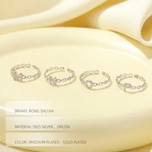 S925 sterling silver hollow letter rings with pavé cubic zirconia and chain band