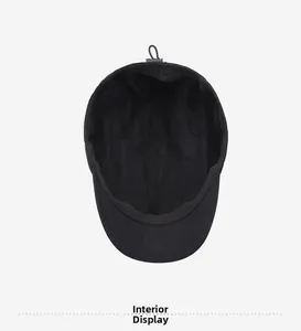 Detail view of the black baseball cap's breathable mesh lining and adjustable drawcord