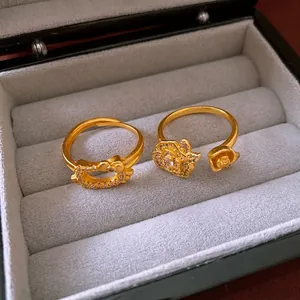 Open Adjustable Ring Copper Real Gold Plated Zircon Rose Flower Cartoon Cat Shape Vintage Fashion Jewelry For Women