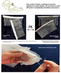 Detail of hand-sewn metal hair comb with protective white tulle wrapping for bridal veils