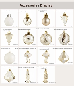 Detailed grid of Christmas ornaments in white and champagne gold finishes for festive decor