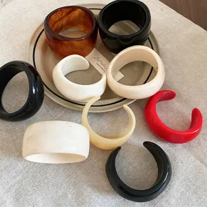 Chic multi-color acrylic resin geometric bangle set with C-shaped open design