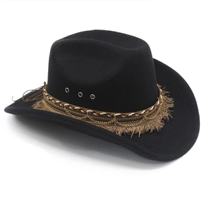 Detail of black felt cowboy hat featuring bronze chains, braided band and tassel accents
