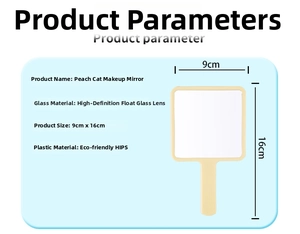 Detailed specs of peach kitten makeup mirror with HD float glass and HIPS plastic shell