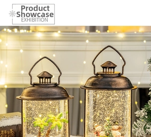 Macro detail of bronze retro lanterns with animated snow globe effects and festive light