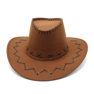 Classic brown western cowboy hat with black cross-stitched edges and metal eyelets
