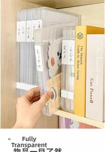 Transparent A4 plastic storage boxes with side labels organized on a shelf