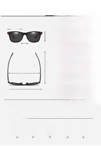 Detailed sizing chart and technical specifications for polarized unisex sunglasses P21