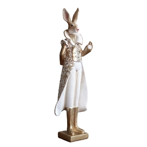 Creative resin rabbit ornament in elegant white and gold gown holding a pocket watch