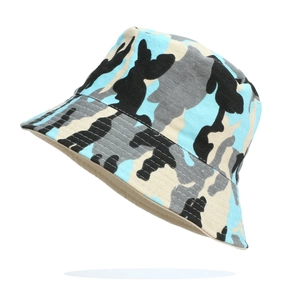 Blue camouflage cotton bucket hat for outdoor hiking with reinforced stitched brim
