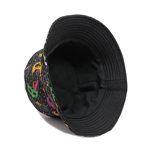 Detailed view of bucket hat stitching with colorful mask and feather festive patterns